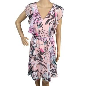 Tommy Hilfiger Pastel Pink Black Floral Ruffle Flutter Sleeve Dress SZ 6